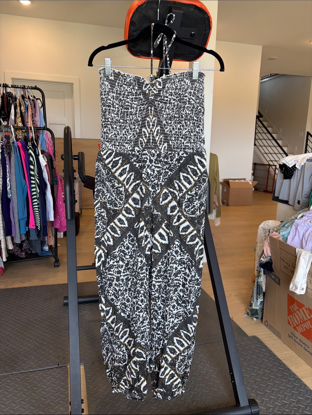 new directions Black & White Patterned Smocked Jumpsuit